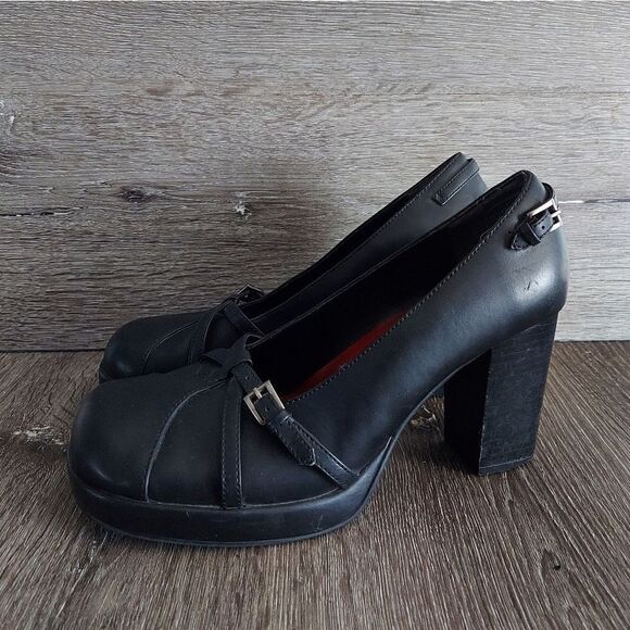 VINTAGE MUDD FAUX LEATHER BLACK PLATFORM CHUNKY HEEL SHOES WOMENS SZ 8.5M - Picture 4 of 9